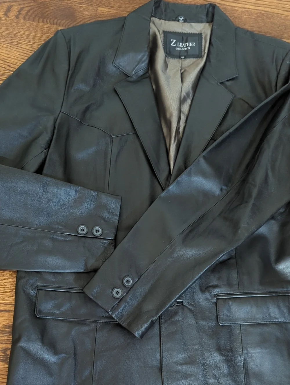 Black Leather Blazer Sleek Minimalist Classic Two-Button Jacket/ Blazer Sz 46